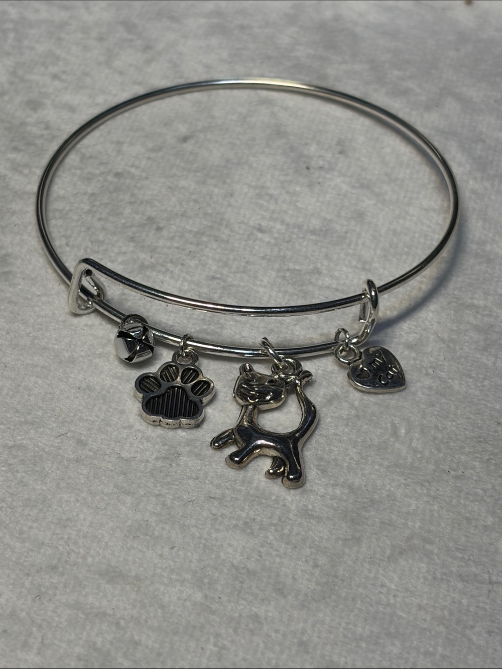 Cattitude Silver Adjustable Charm Bangle Bracelet